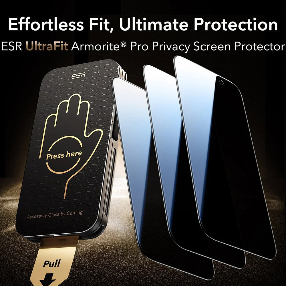 Schutzfolie Ecran Privacy ESR UltraFit Armorite Pro für Apple iPhone 17 Pro, Gehärtetes Glas, Full Glue, Set 3 Stück