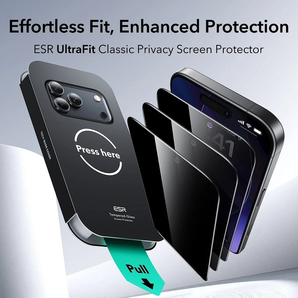 Schutzfolie Ecran Privacy ESR UltraFit für Apple iPhone 17 Pro, Gehärtetes Glas, Vollverklebung, Set 3 Stück