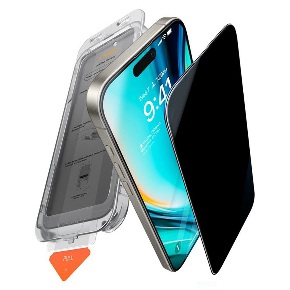Schutzfolie Privacy Torras GlassGo Install Master für Apple iPhone 17 Pro Max, Gehärtetes Glas, Vollverklebung