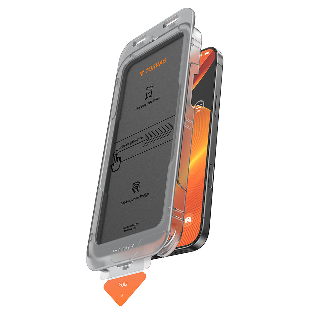 Schutzfolie Privacy Torras GlassGo Install Master für Apple iPhone 17 Pro, Gehärtetes Glas, Vollverklebung