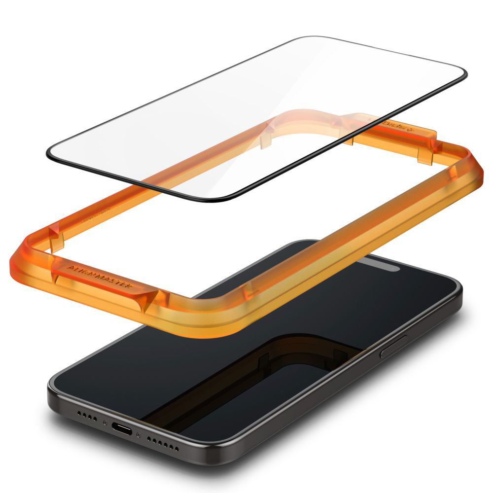 Schutzfolie Spigen GlastR Align Master für Apple iPhone 15, gehärtetes Glas, Full Glue, Set mit 2 Stück, Schwarz AGL06906