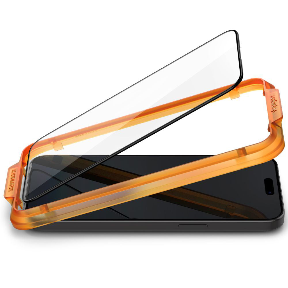 Schutzfolie Spigen GlastR Align Master für Apple iPhone 15, gehärtetes Glas, Full Glue, Set mit 2 Stück, Schwarz AGL06906