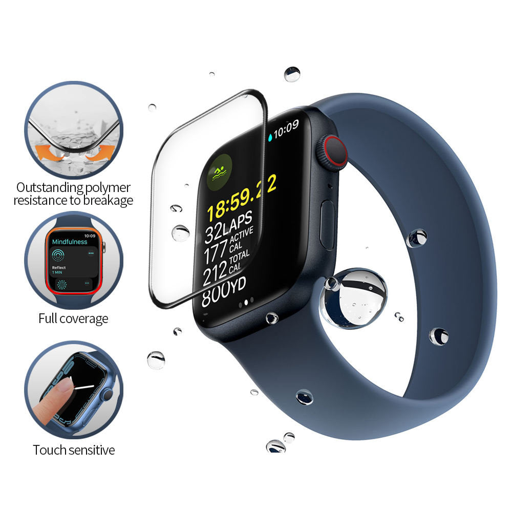 Blueo High Molecule Schutzfolie für Apple Watch 8 / 7 41mm Serie, gehärtetes Glas, schwarz