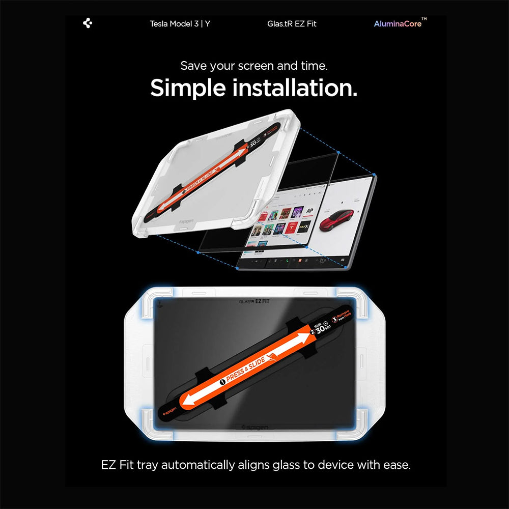 Spigen GlastR EZ FIT Schutzfolie für Tesla Y Navigation (2026 / 2025) / 3 (2026 / 2025 / 2024), Gehärtetes Glas AGL10654