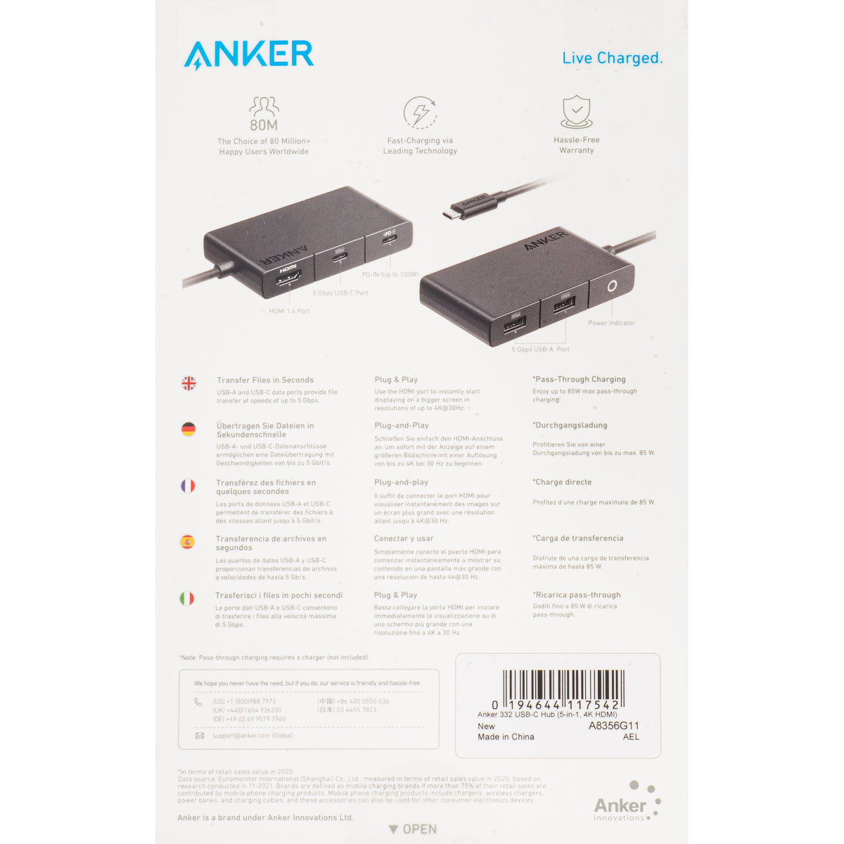 USB-C Hub Anker 332, 2 x USB-A - 2 x USB-C - 1 x HDMI, Schwarz A8356G11