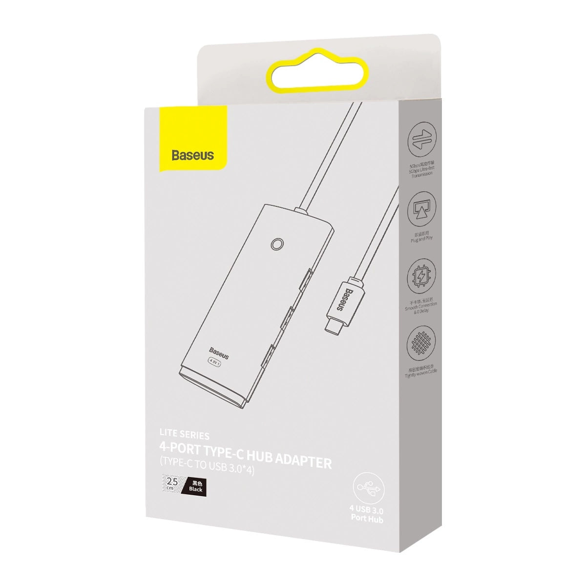 Hub USB-C Baseus Lite, 4 x USB-A 3.0 - 1 x USB-C, 0,25m, Schwarz WKQX030301