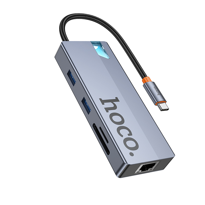 USB-C Hub HOCO HB52, 2 x USB-A 3.0 - 2 x USB-C - 1 x HDMI - 1 x RJ45 - 1 x SD - 1 x microSD, Grau