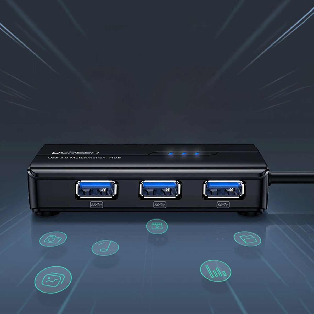 USB-Hub UGREEN 20265, 3 x USB-A 3.0 - 1 x RJ45, Schwarz