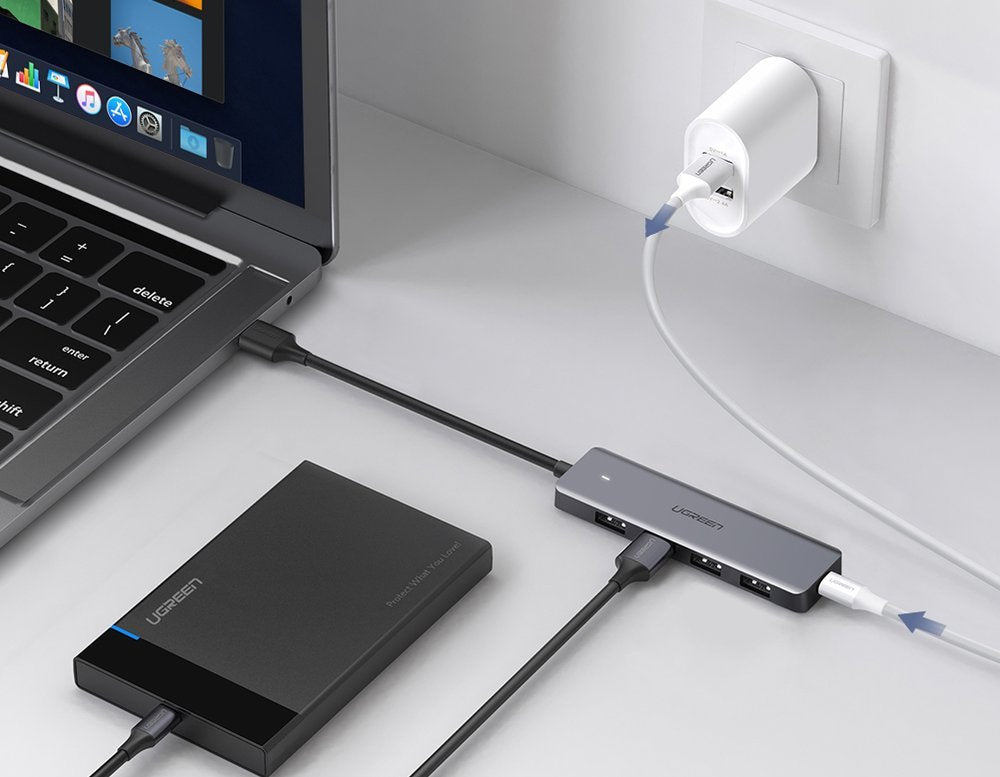 UGREEN CM219 USB Hub, 4 x USB-A 3.0 - 1 x USB-C, Gray
