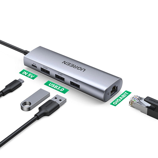 USB-Hub UGREEN CM266, 3 x USB-A 3.0 - 1 x RJ45, Grau