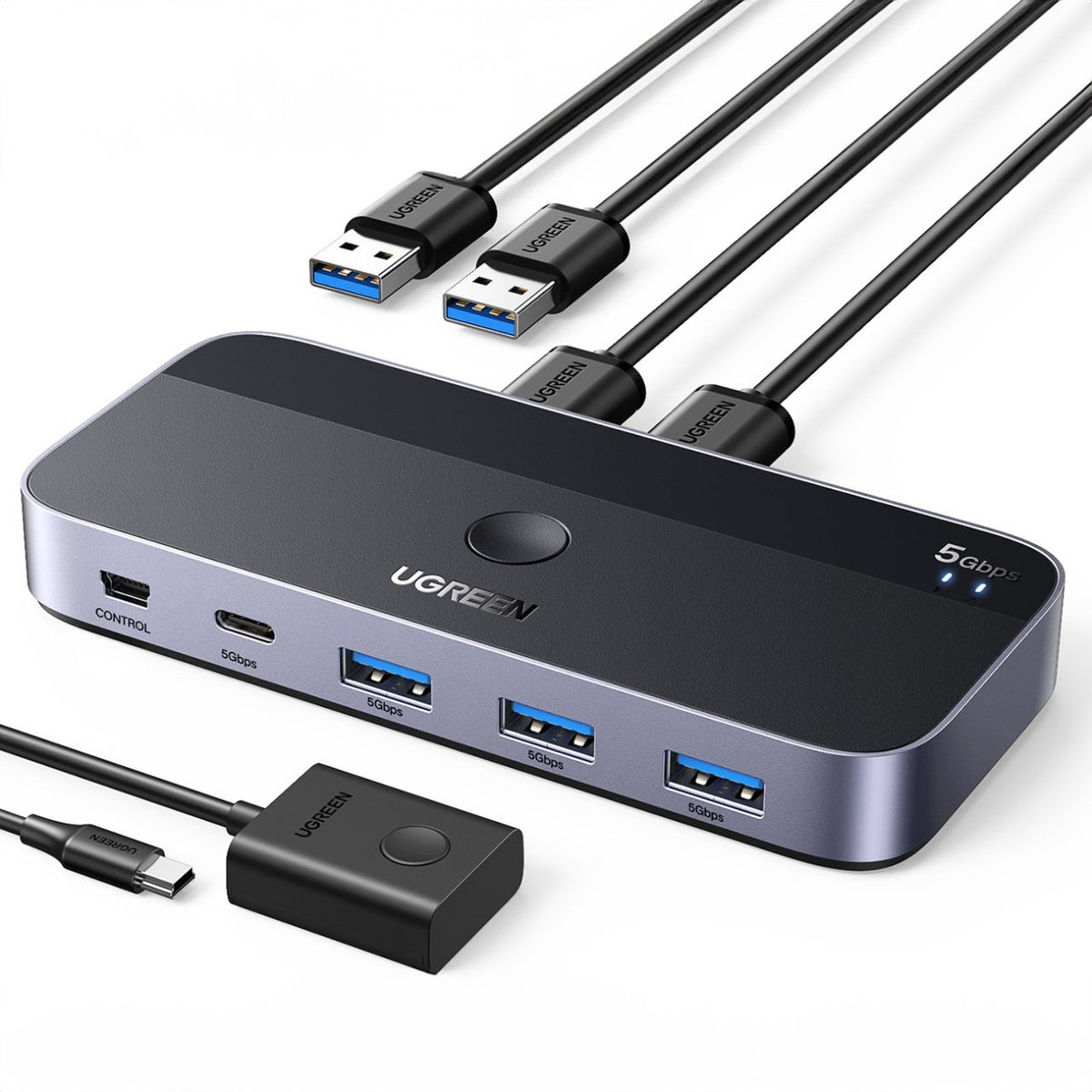 UGREEN CM662 USB-Switch, 3 x USB-A 3.0 - 1 x USB-C - 1 x miniUSB, Schwarz