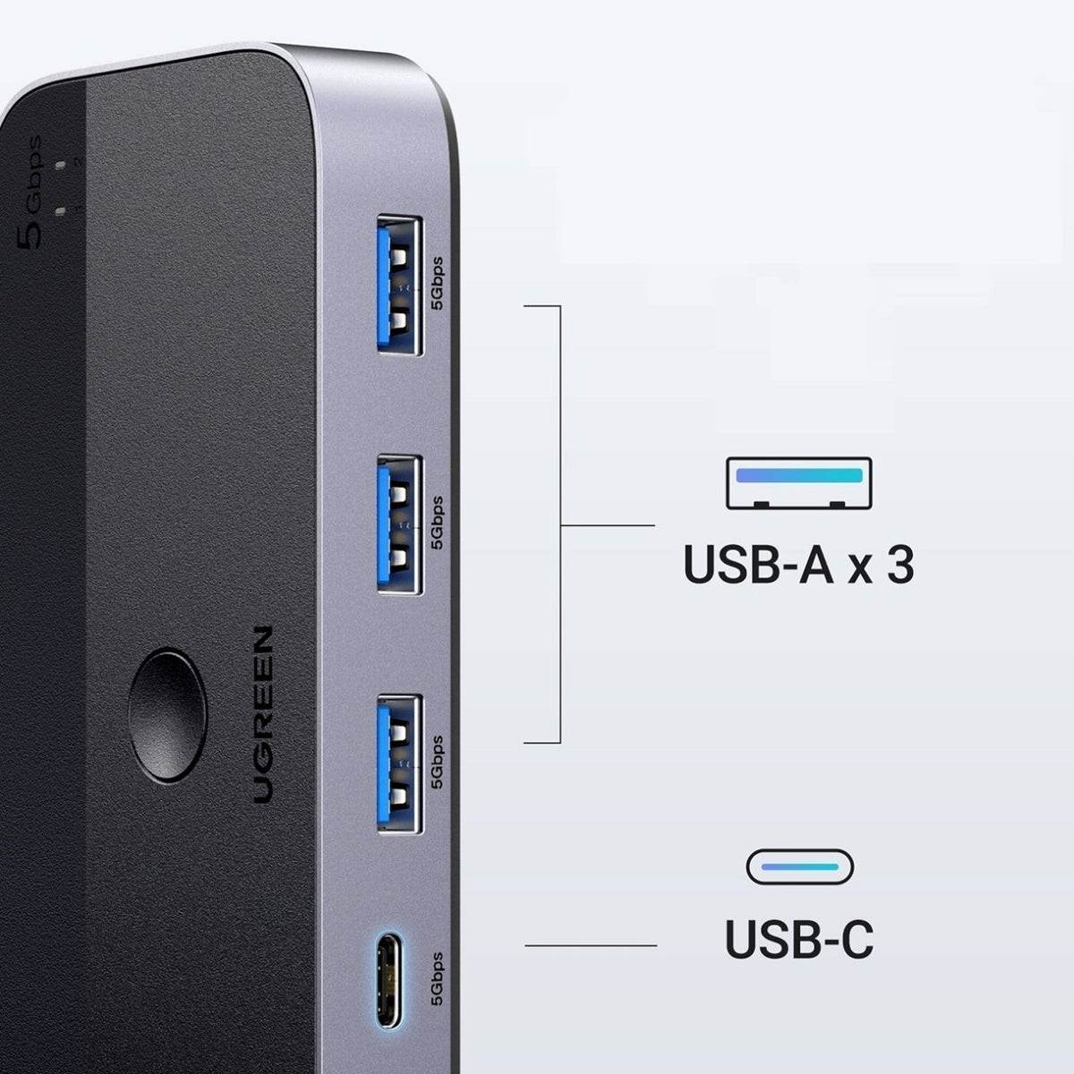 UGREEN CM662 USB-Switch, 3 x USB-A 3.0 - 1 x USB-C - 1 x miniUSB, Schwarz