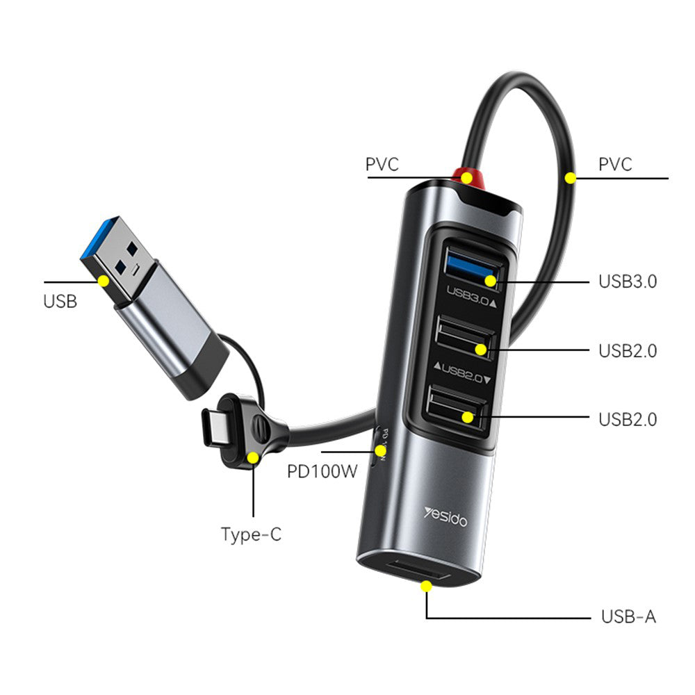 USB / USB-C Hub Yesido HB20, 5in1, Grau
