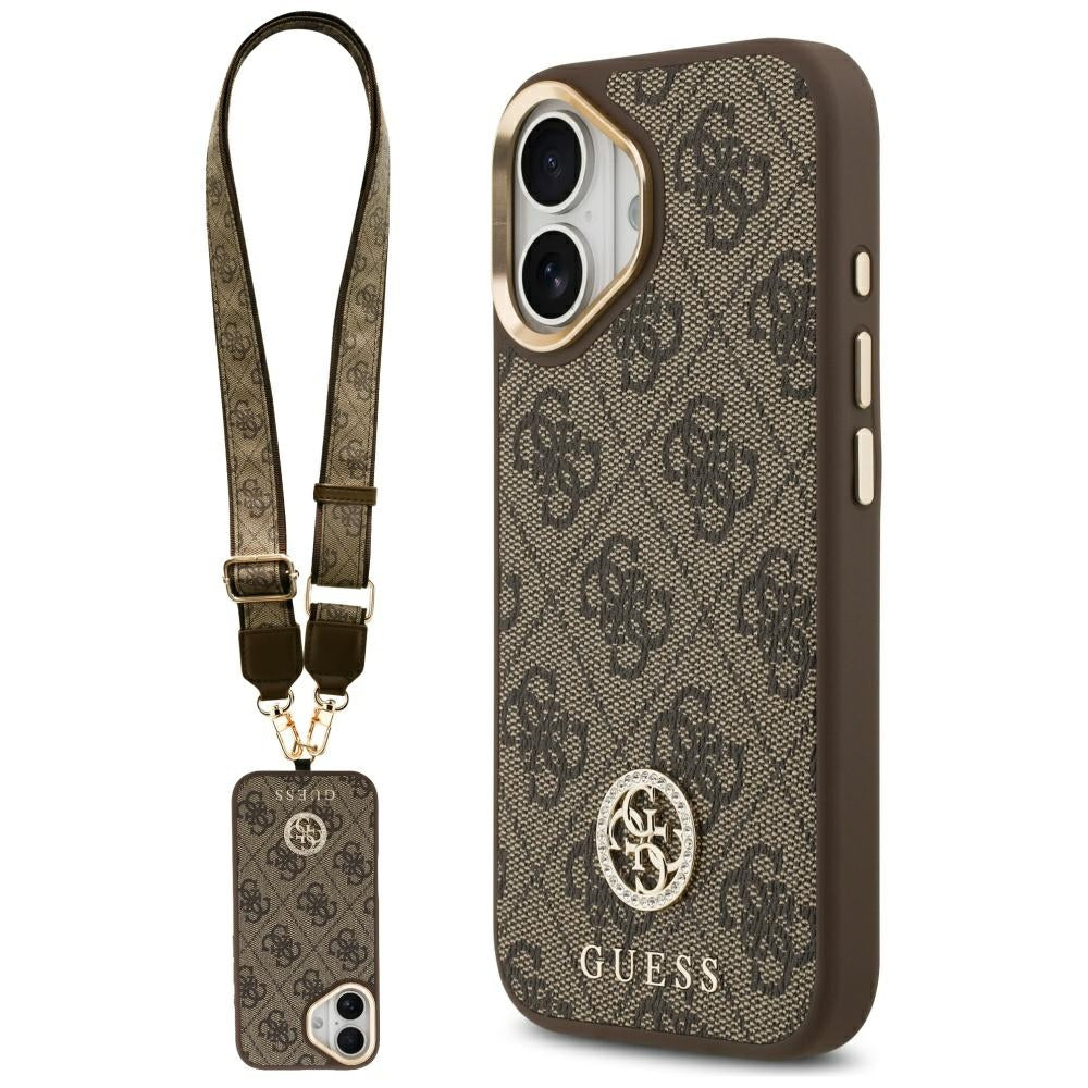 MagSafe Hülle für Apple iPhone 17, Guess, 4G Strass Logo mit großem Riemen, Braun, Wiederverpackt