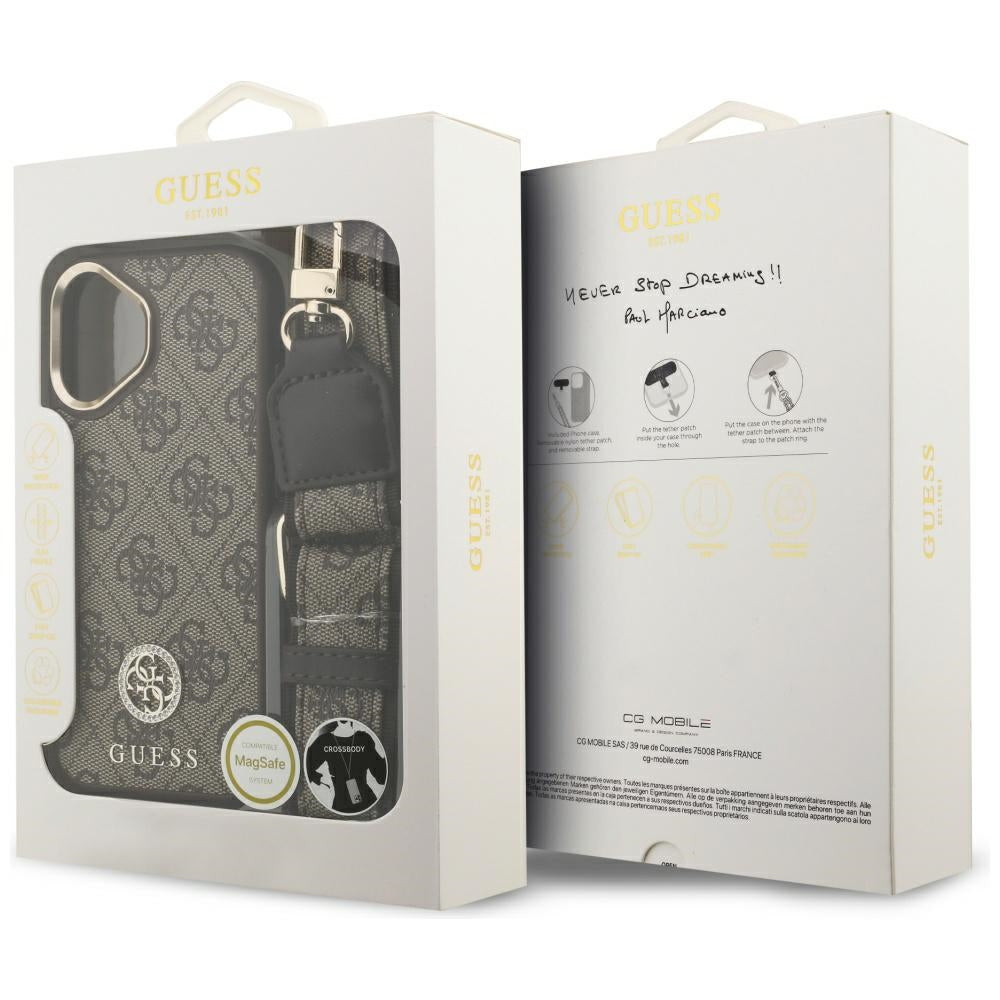 MagSafe Hülle für Apple iPhone 17, Guess, 4G Strass Logo mit großem Riemen, Braun, Wiederverpackt