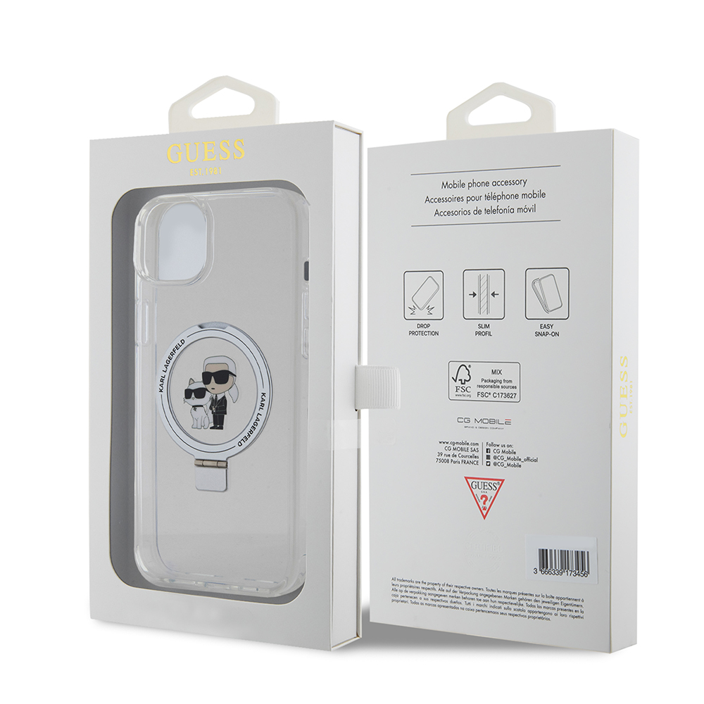 MagSafe-Hülle für Apple iPhone 15 Plus, Karl Lagerfeld, Ringstand Karl und Choupette, Weiß, Wiederverpackt
