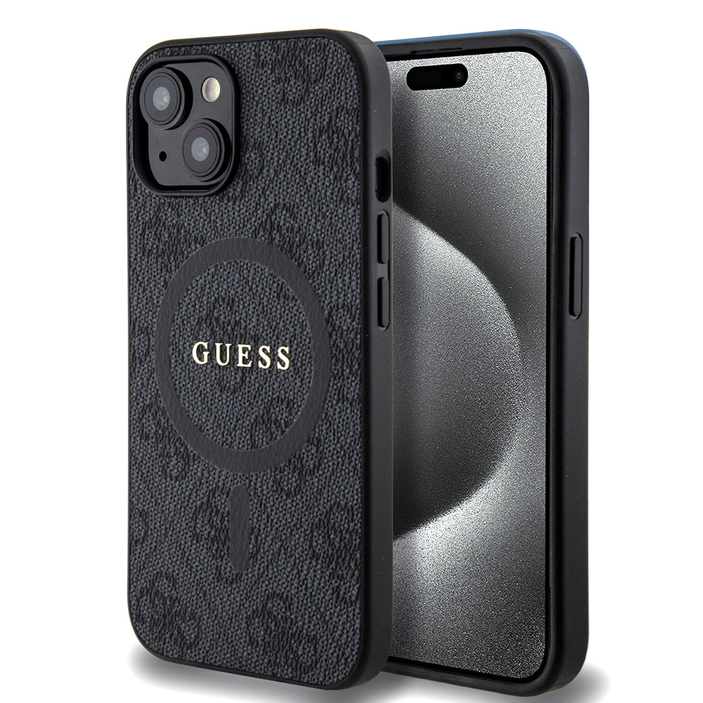 MagSafe Hülle für Apple iPhone 15, Guess, 4G Ring Classic Logo, Schwarz