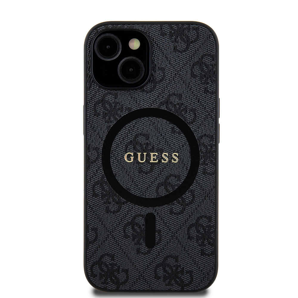 MagSafe Hülle für Apple iPhone 15, Guess, 4G Ring Classic Logo, Schwarz
