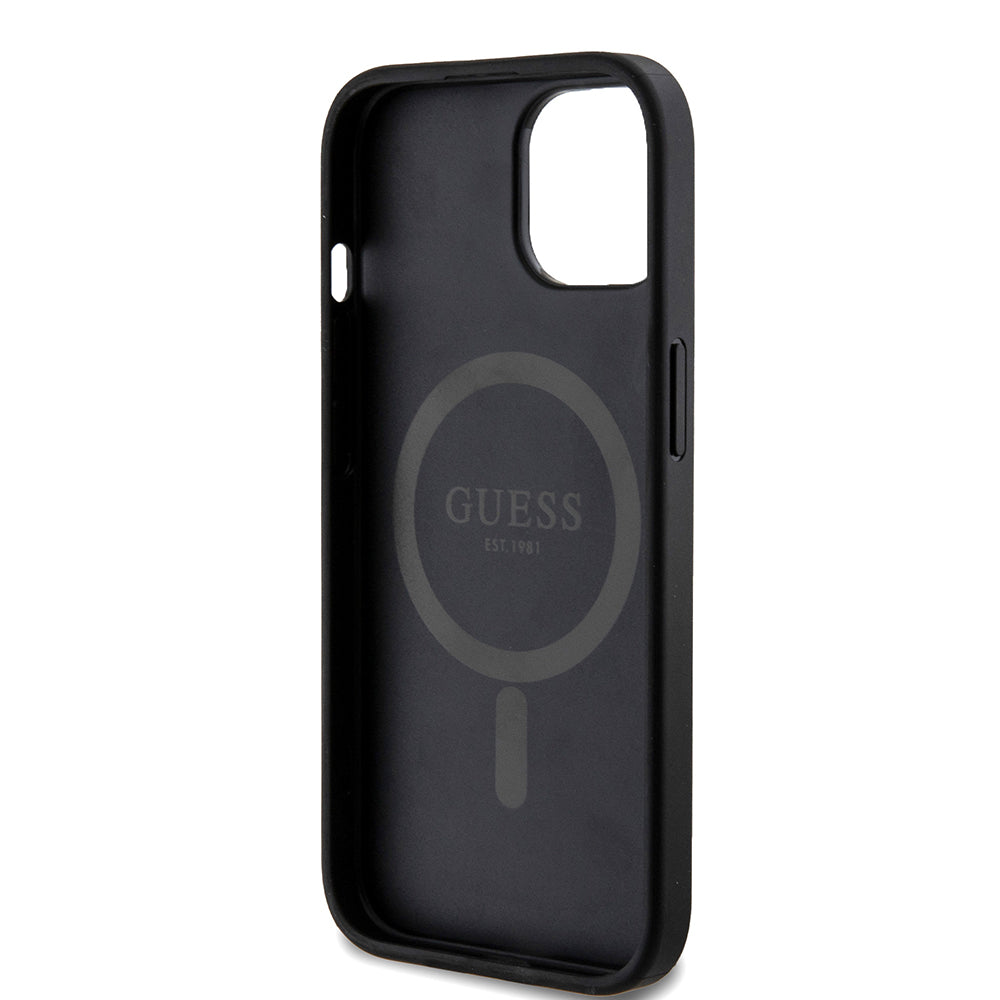 MagSafe Hülle für Apple iPhone 15, Guess, 4G Ring Classic Logo, Schwarz