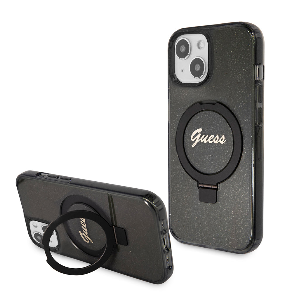 MagSafe Hülle für Apple iPhone 15, Guess, Ring Stand Script Glitter, Schwarz