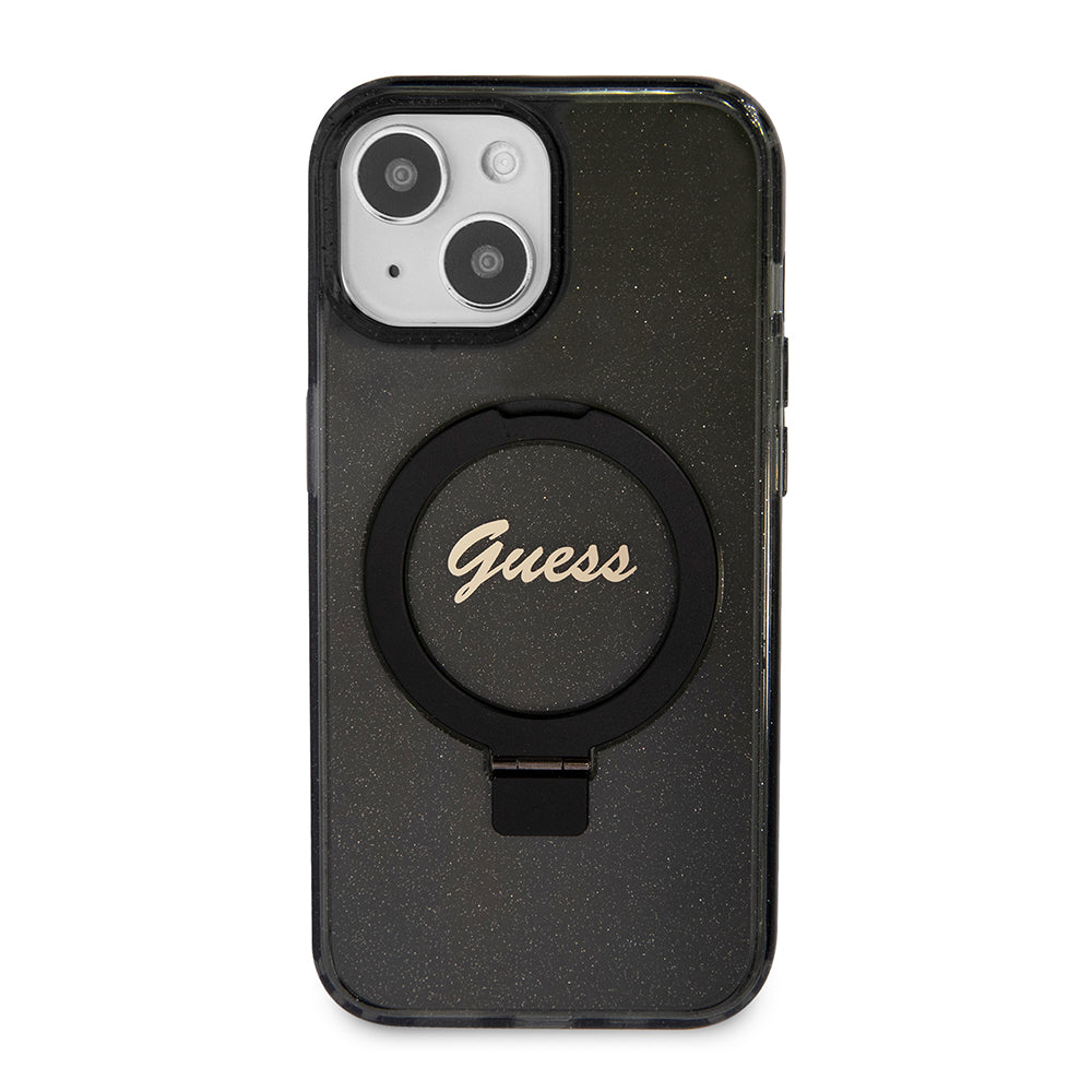 MagSafe Hülle für Apple iPhone 15, Guess, Ring Stand Script Glitter, Schwarz