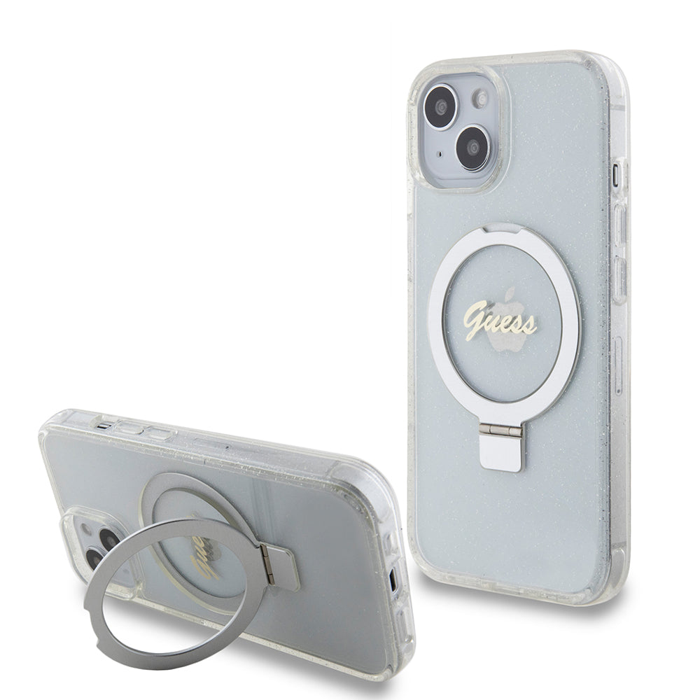 MagSafe Hülle für Apple iPhone 15, Guess, Ring Stand Script Glitter, Transparent