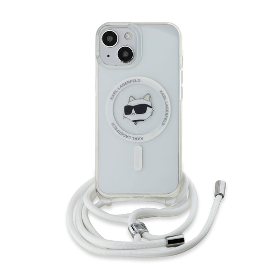 MagSafe Hülle für Apple iPhone 15, Karl Lagerfeld, IML Crossbody Choupette's Head mit Trageriemen, Transparent