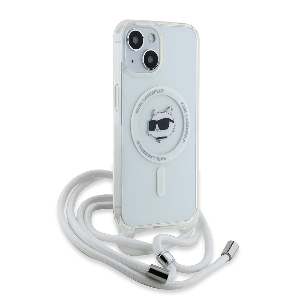 MagSafe Hülle für Apple iPhone 15, Karl Lagerfeld, IML Crossbody Choupette's Head mit Trageriemen, Transparent