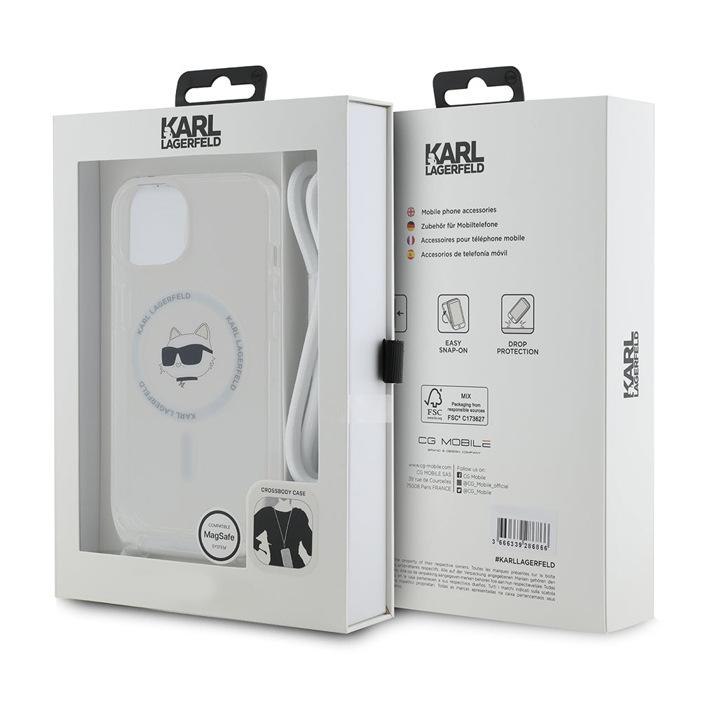 MagSafe Hülle für Apple iPhone 15, Karl Lagerfeld, IML Crossbody Choupette's Head mit Trageriemen, Transparent