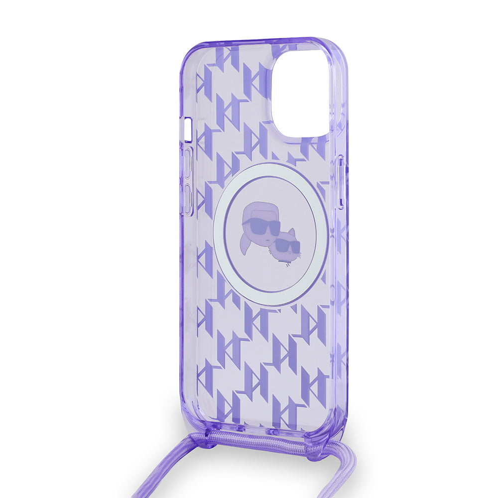 MagSafe Hülle für Apple iPhone 15, Karl Lagerfeld, IML Crossbody Monogram Karl & Choupette's Heads, Lila