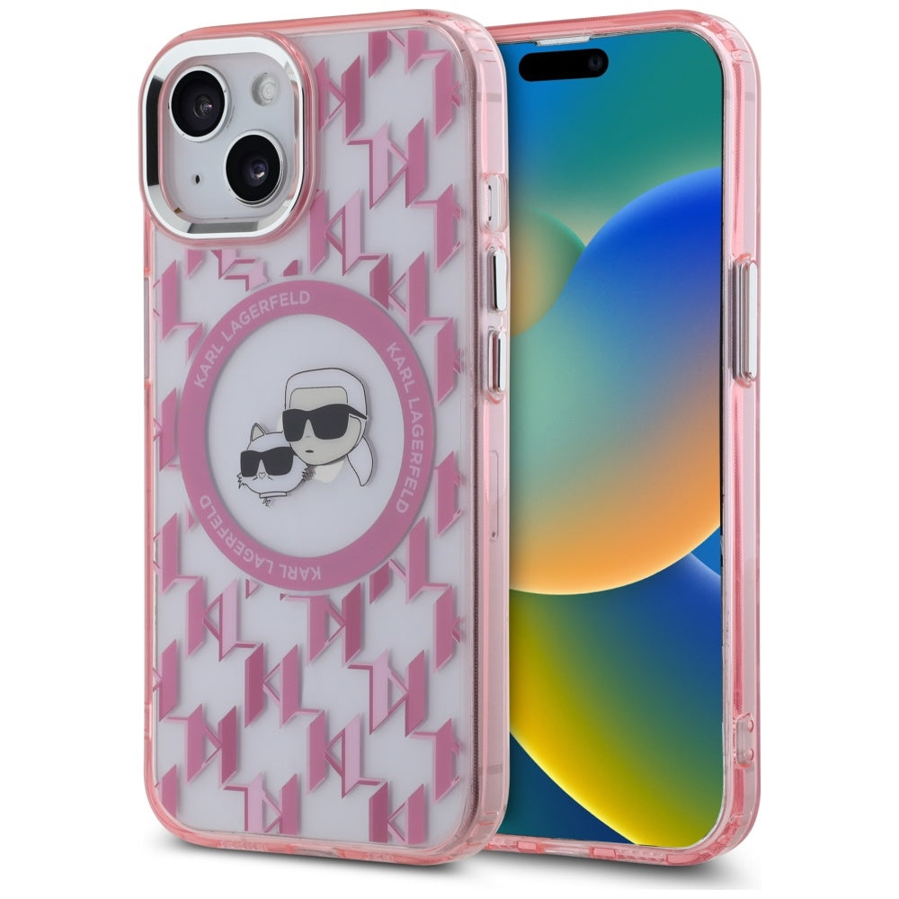 MagSafe Case for Apple iPhone 15, Karl Lagerfeld, IML Monogram Karl & Choupette's Heads, Pink