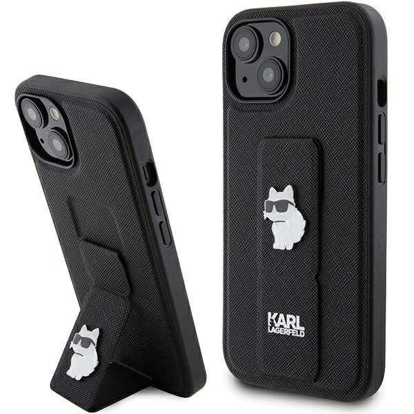 MagSafe Hülle für Apple iPhone 15, Karl Lagerfeld, Saffiano Gripstand Choupette, Schwarz