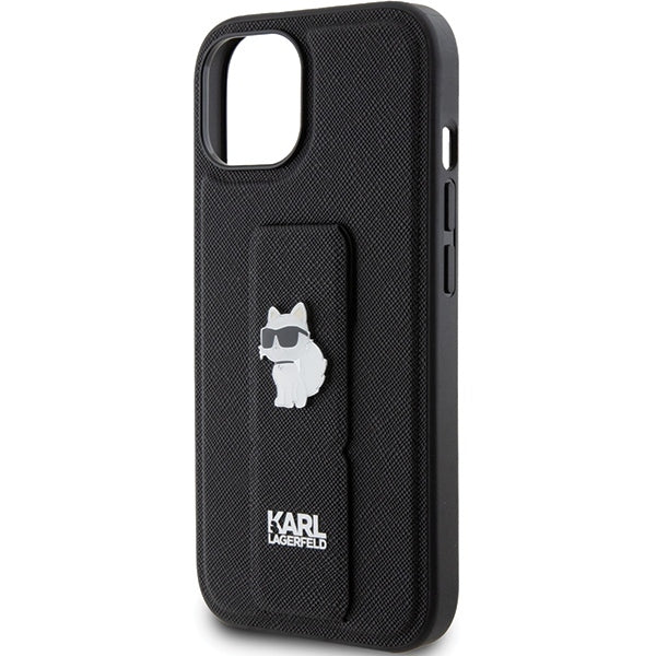 MagSafe Hülle für Apple iPhone 15, Karl Lagerfeld, Saffiano Gripstand Choupette, Schwarz