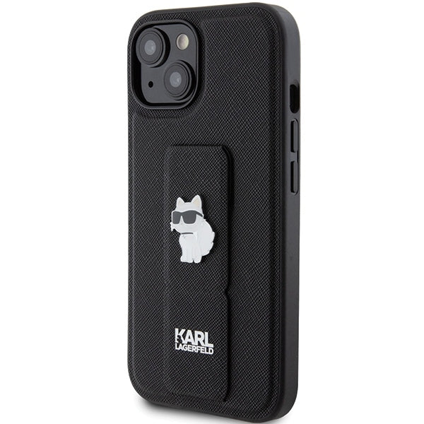 MagSafe Hülle für Apple iPhone 15, Karl Lagerfeld, Saffiano Gripstand Choupette, Schwarz