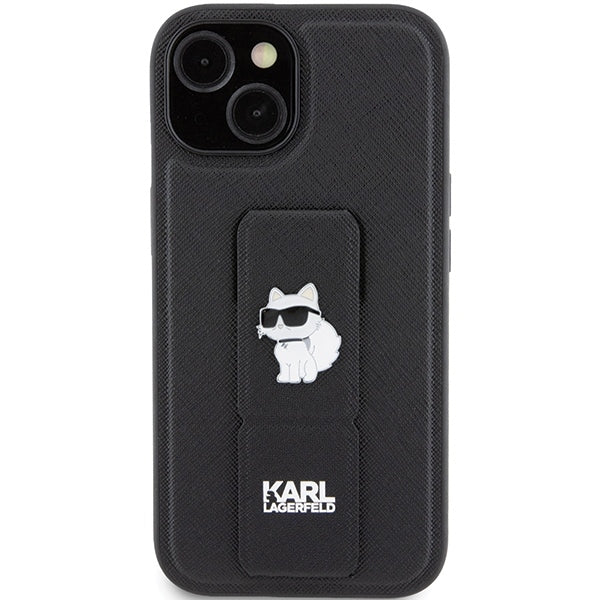 MagSafe Hülle für Apple iPhone 15, Karl Lagerfeld, Saffiano Gripstand Choupette, Schwarz