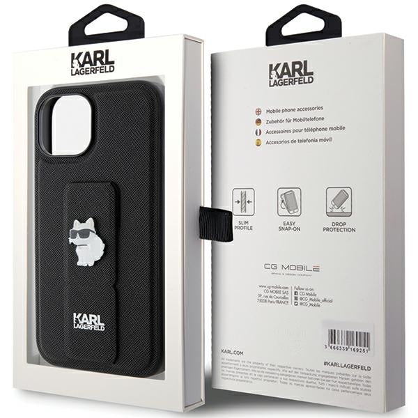 MagSafe Hülle für Apple iPhone 15, Karl Lagerfeld, Saffiano Gripstand Choupette, Schwarz