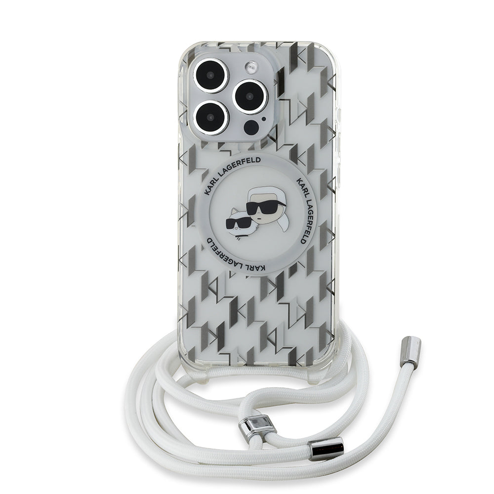 MagSafe Hülle für Apple iPhone 15 Pro, Karl Lagerfeld, IML Crossbody Monogram Karl & Choupette's Heads, Transparent