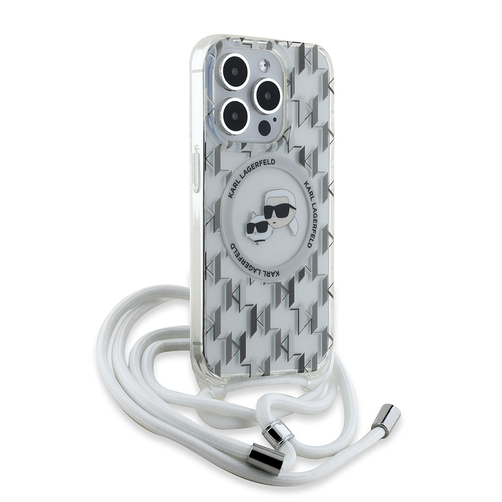 MagSafe Hülle für Apple iPhone 15 Pro, Karl Lagerfeld, IML Crossbody Monogram Karl & Choupette's Heads, Transparent