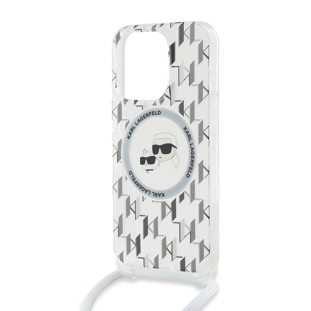 MagSafe Hülle für Apple iPhone 15 Pro, Karl Lagerfeld, IML Crossbody Monogram Karl & Choupette's Heads, Transparent