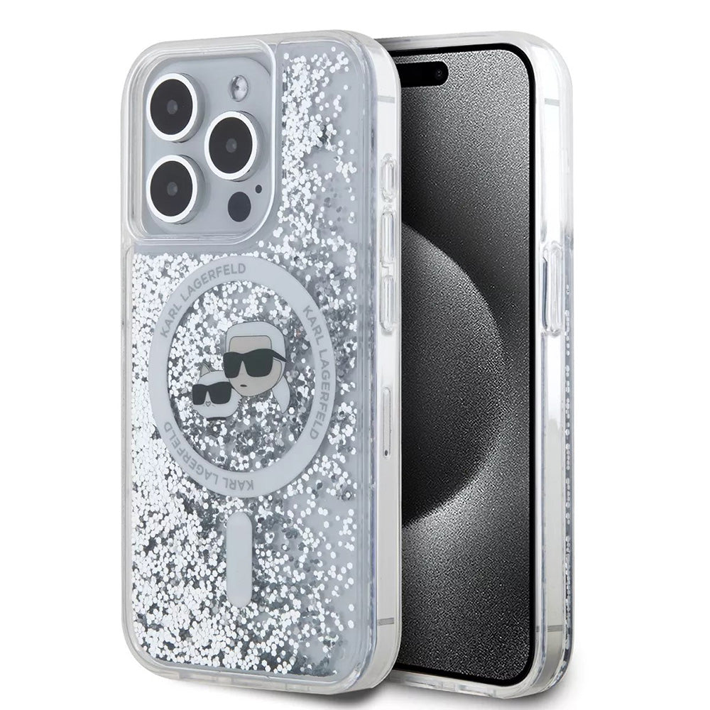 MagSafe Hülle für Apple iPhone 15 Pro, Karl Lagerfeld, Liquid Glitter Karl & Choupette's Heads, Transparent