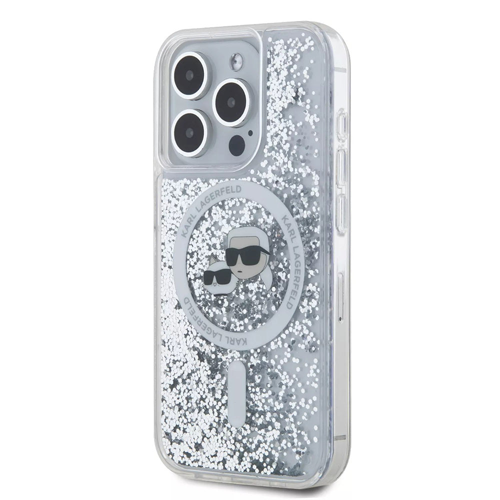 MagSafe Hülle für Apple iPhone 15 Pro, Karl Lagerfeld, Liquid Glitter Karl & Choupette's Heads, Transparent
