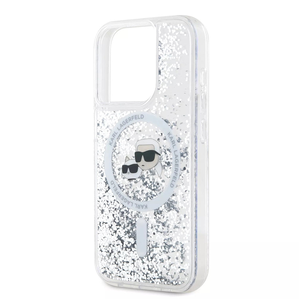 MagSafe Hülle für Apple iPhone 15 Pro, Karl Lagerfeld, Liquid Glitter Karl & Choupette's Heads, Transparent