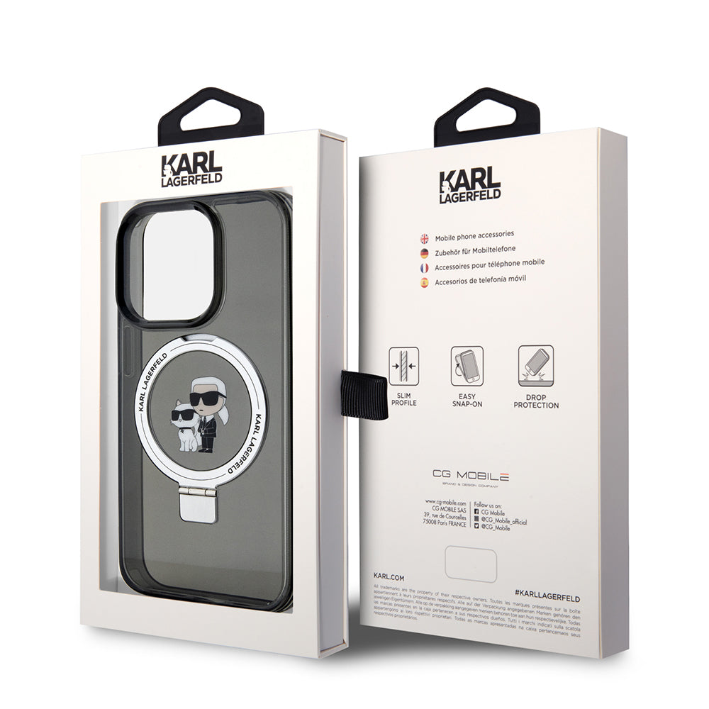 MagSafe Hülle für Apple iPhone 15 Pro, Karl Lagerfeld, Ring Stand Karl & Choupette, Schwarz