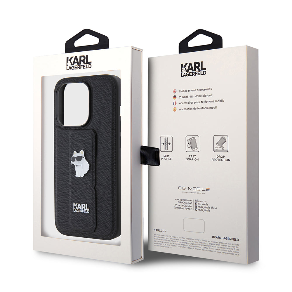 MagSafe Case for Apple iPhone 15 Pro, Karl Lagerfeld, Saffiano Gripstand Choupette, Black