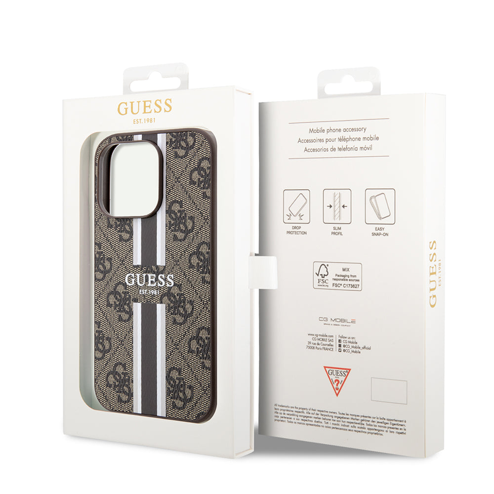 MagSafe Case for Apple iPhone 15 Pro Max, Guess, 4G Printed Stripes, Brown