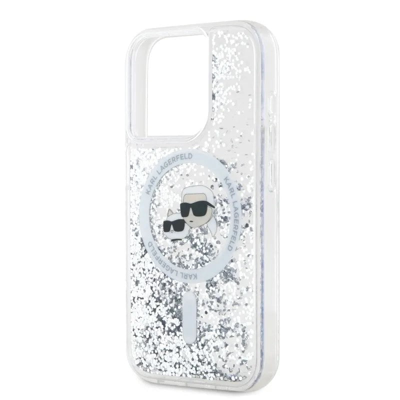 MagSafe Hülle für Apple iPhone 15 Pro Max, Karl Lagerfeld, Liquid Glitter Karl & Choupette's Heads, Transparent