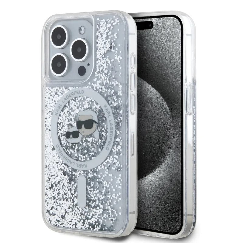 MagSafe Hülle für Apple iPhone 15 Pro Max, Karl Lagerfeld, Liquid Glitter Karl & Choupette's Heads, Transparent