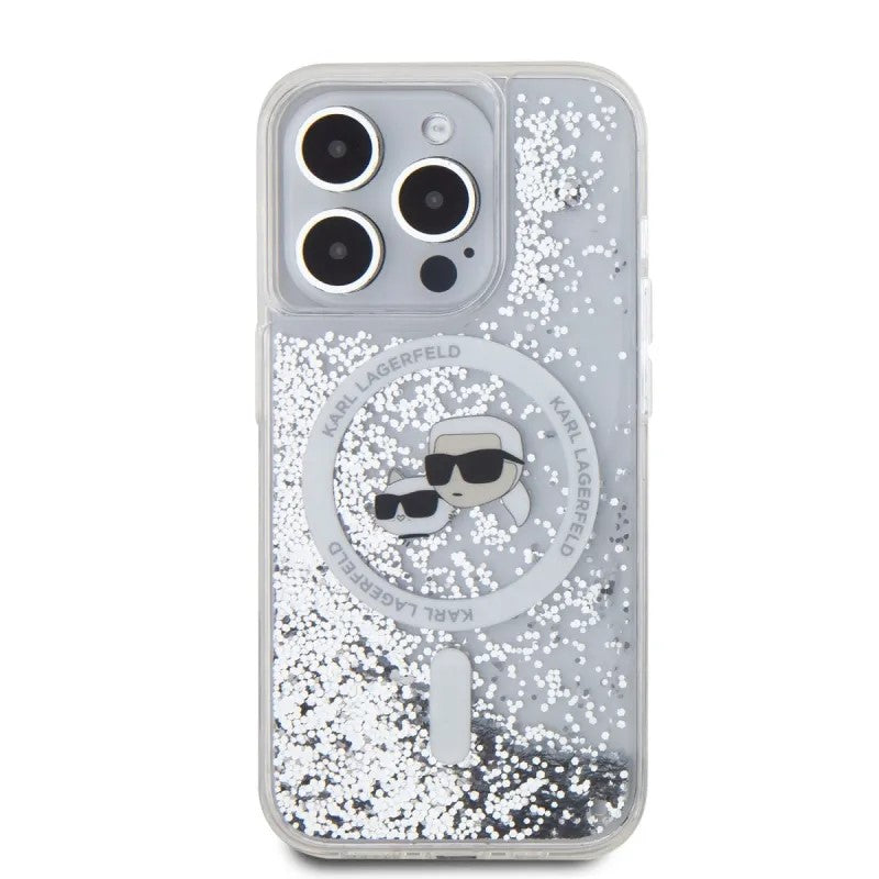 MagSafe Hülle für Apple iPhone 15 Pro Max, Karl Lagerfeld, Liquid Glitter Karl & Choupette's Heads, Transparent