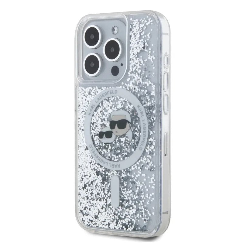 MagSafe Hülle für Apple iPhone 15 Pro Max, Karl Lagerfeld, Liquid Glitter Karl & Choupette's Heads, Transparent