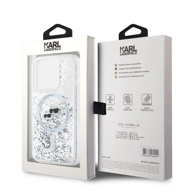 MagSafe Hülle für Apple iPhone 15 Pro Max, Karl Lagerfeld, Liquid Glitter Karl & Choupette's Heads, Transparent
